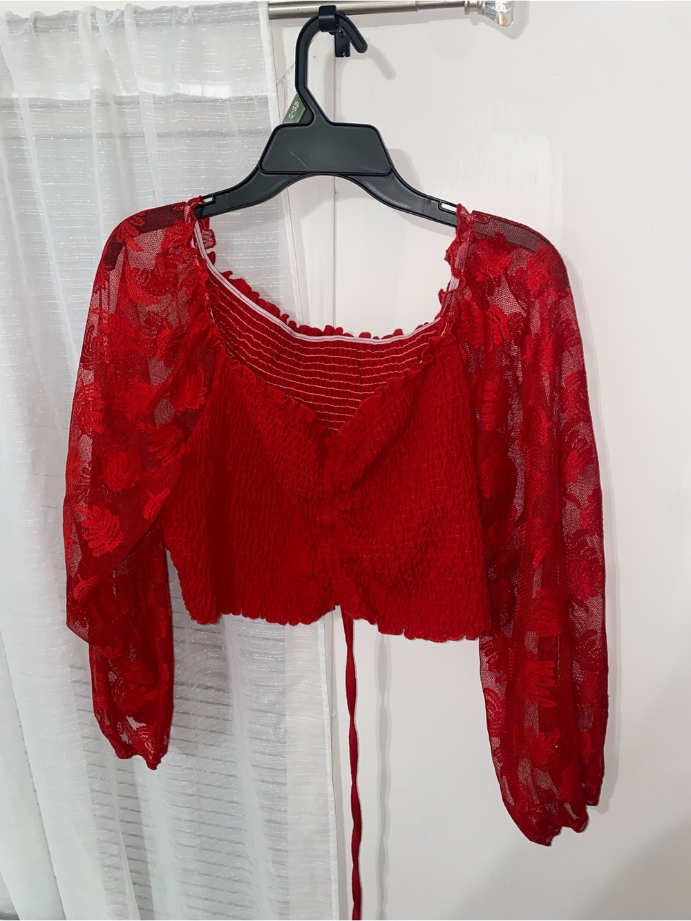 Red Lace-Sleeve Smocked Crop Top with Tie-Front
